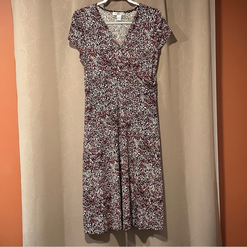 Rafael Womens V-Neck Short Sleeve Abstract Print Midi Dress Red Black White Sz L